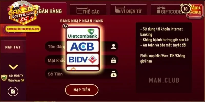 Nạp rút tiền tại MANCLUB hoàn toàn miễn phí